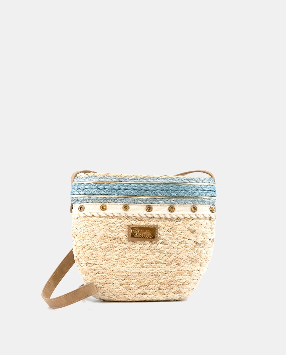 Mala Pequena de Folhas de Milho Combinada com Ilhós e Ráfia Azul-1