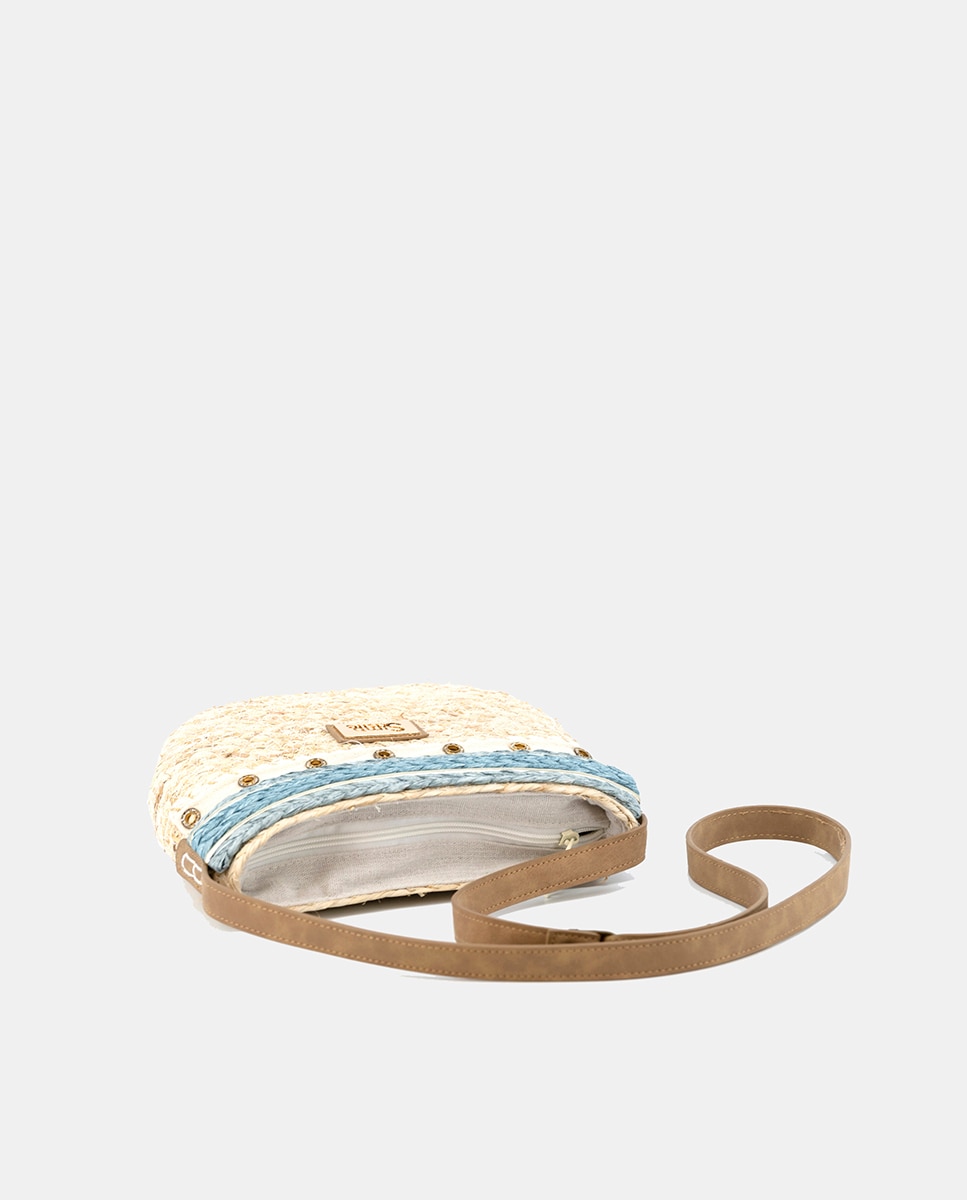 Mala Pequena de Folhas de Milho Combinada com Ilhós e Ráfia Azul-3