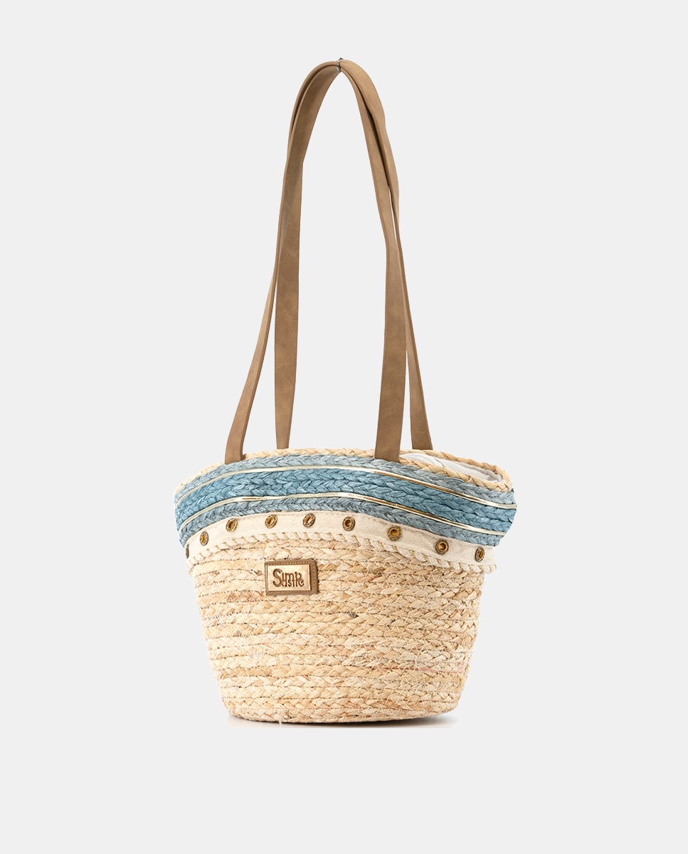 Cesta Média de Folhas de Milho Combinada com Ilhós e Ráfia Azul-1