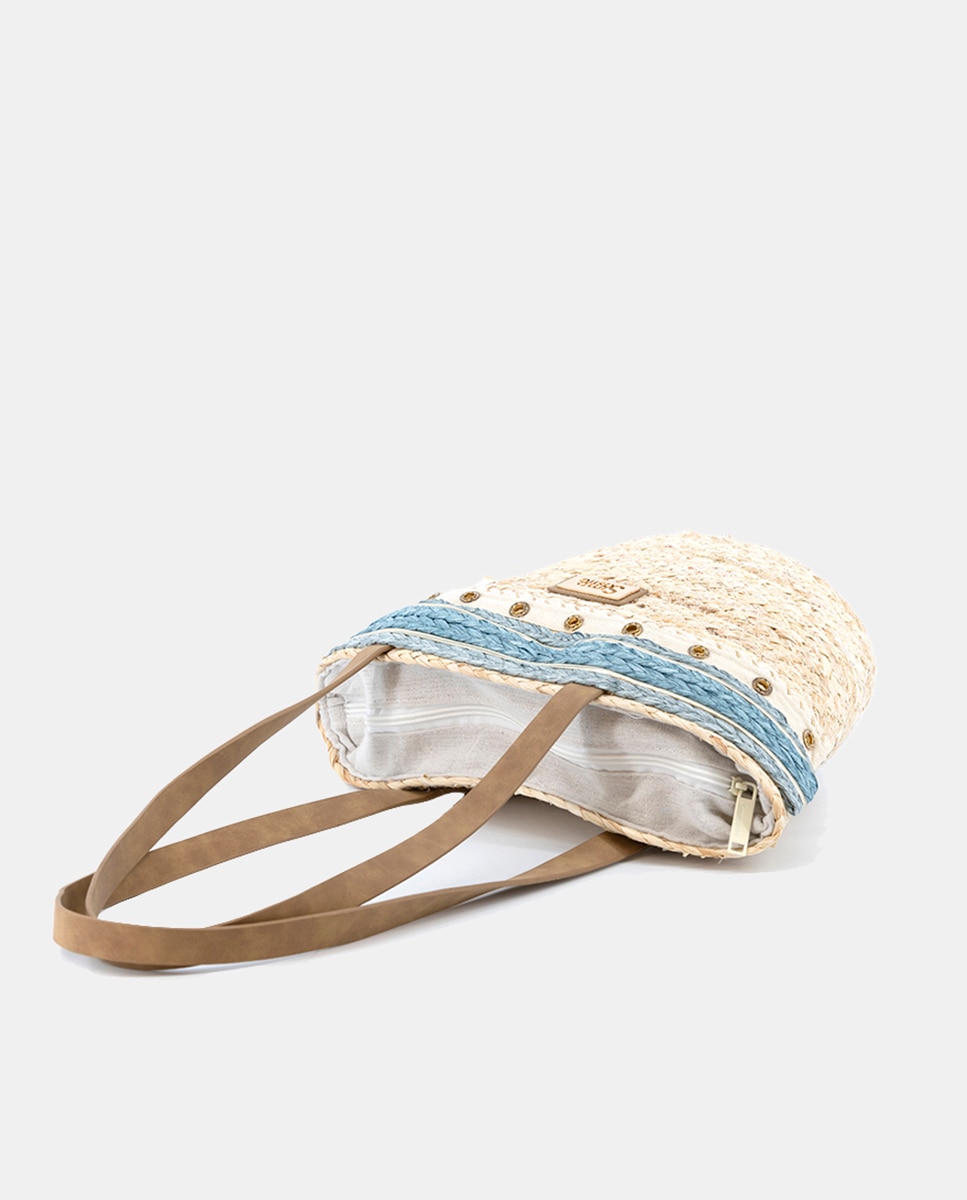 Cesta Média de Folhas de Milho Combinada com Ilhós e Ráfia Azul-3