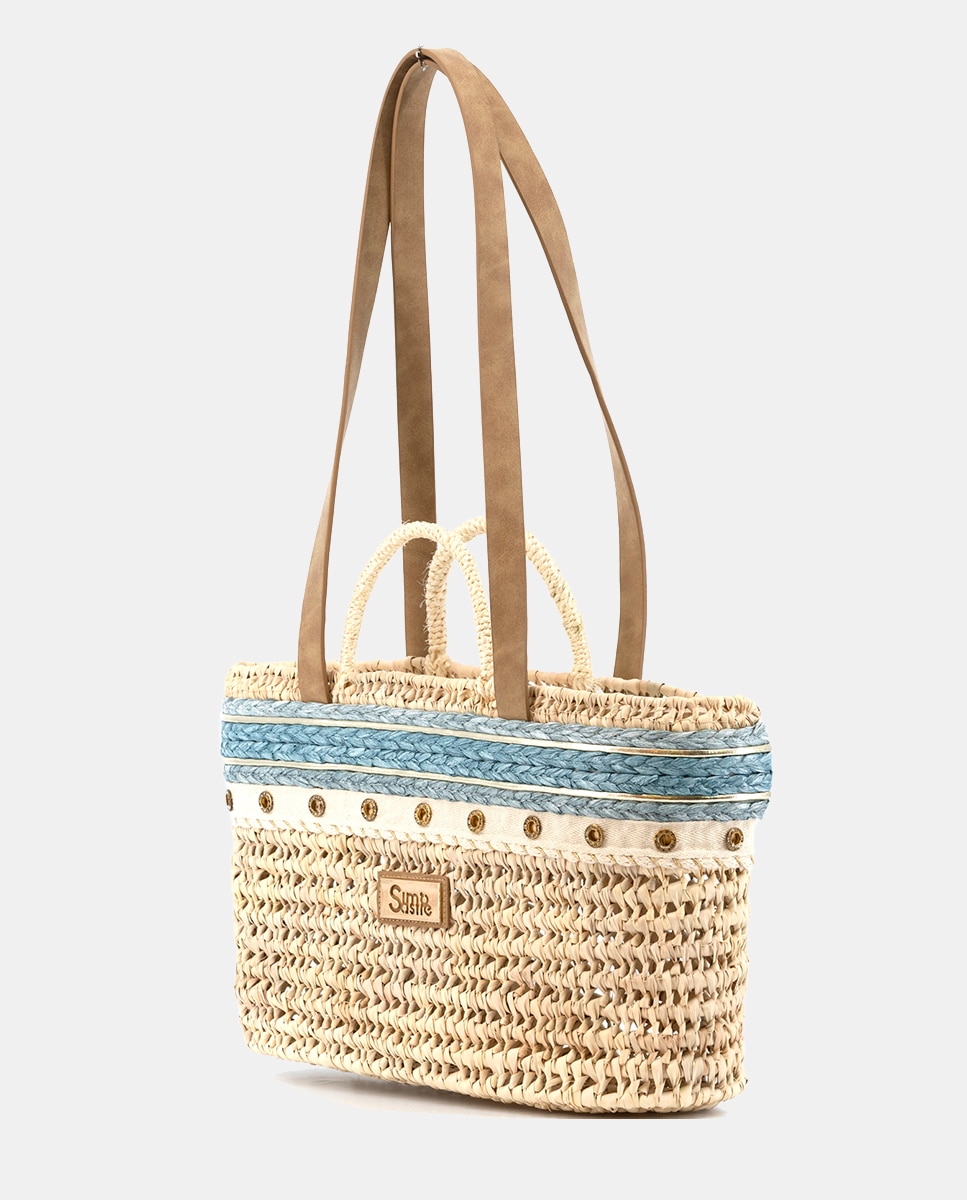 Mala Shopper de Palma Natural Atada e Combinada com Franjas e Ráfia Azul-2