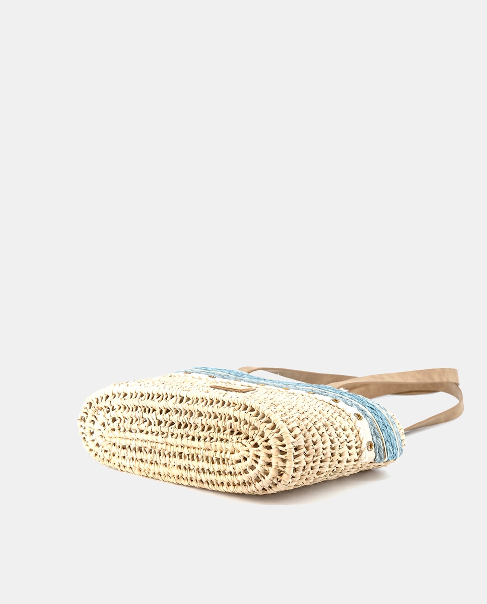 Mala Shopper de Palma Natural Atada e Combinada com Franjas e Ráfia Azul-3