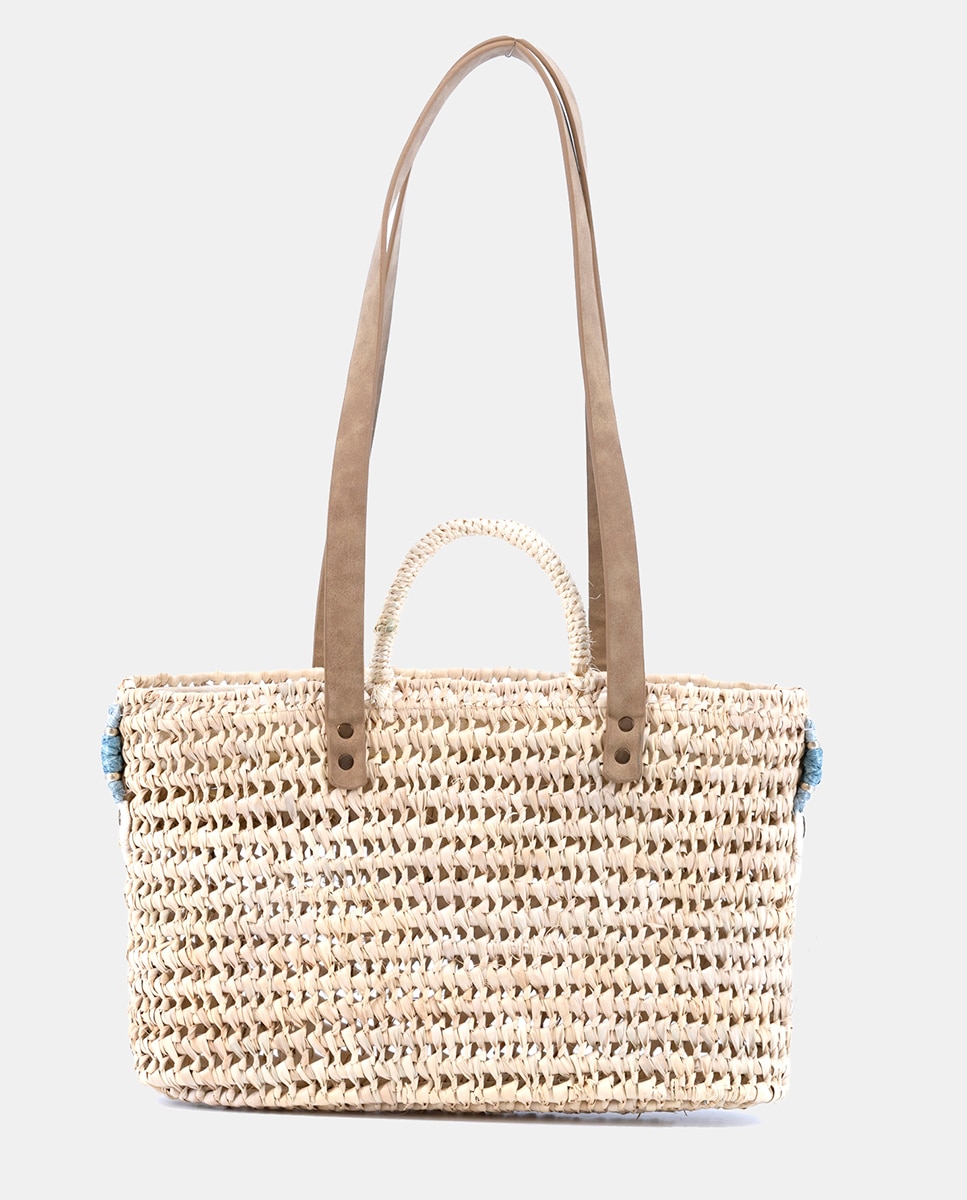 Mala Shopper de Palma Natural Atada e Combinada com Franjas e Ráfia Azul-4