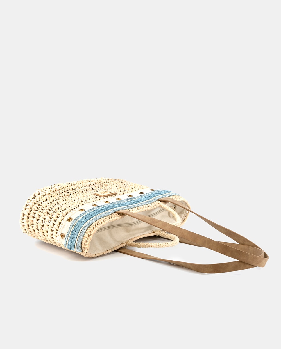 Mala Shopper de Palma Natural Atada e Combinada com Franjas e Ráfia Azul-5