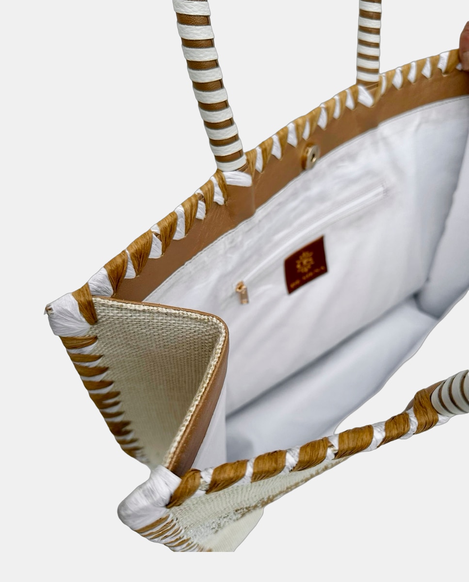 Cesta Grande de Juta com Alças Rígidas e Detalhe da Marca "Saint Tropez" Branco-2