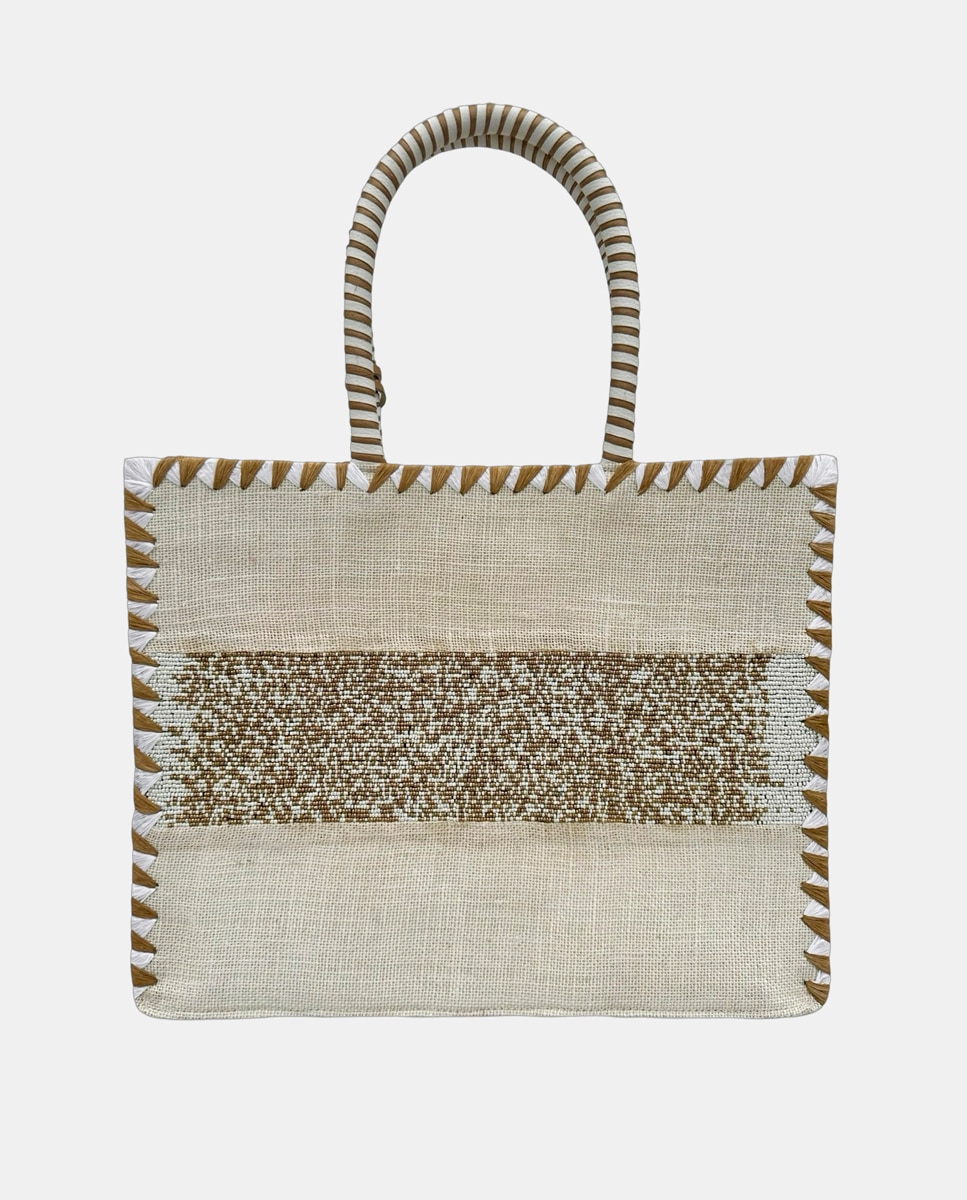 Cesta Grande de Juta com Alças Rígidas e Detalhe da Marca "Saint Tropez" Branco-3