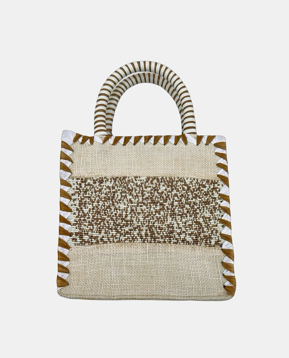 Cesta Pequena de Juta com Alças Rígidas e Detalhe da Marca "Saint Tropez" Branco-2