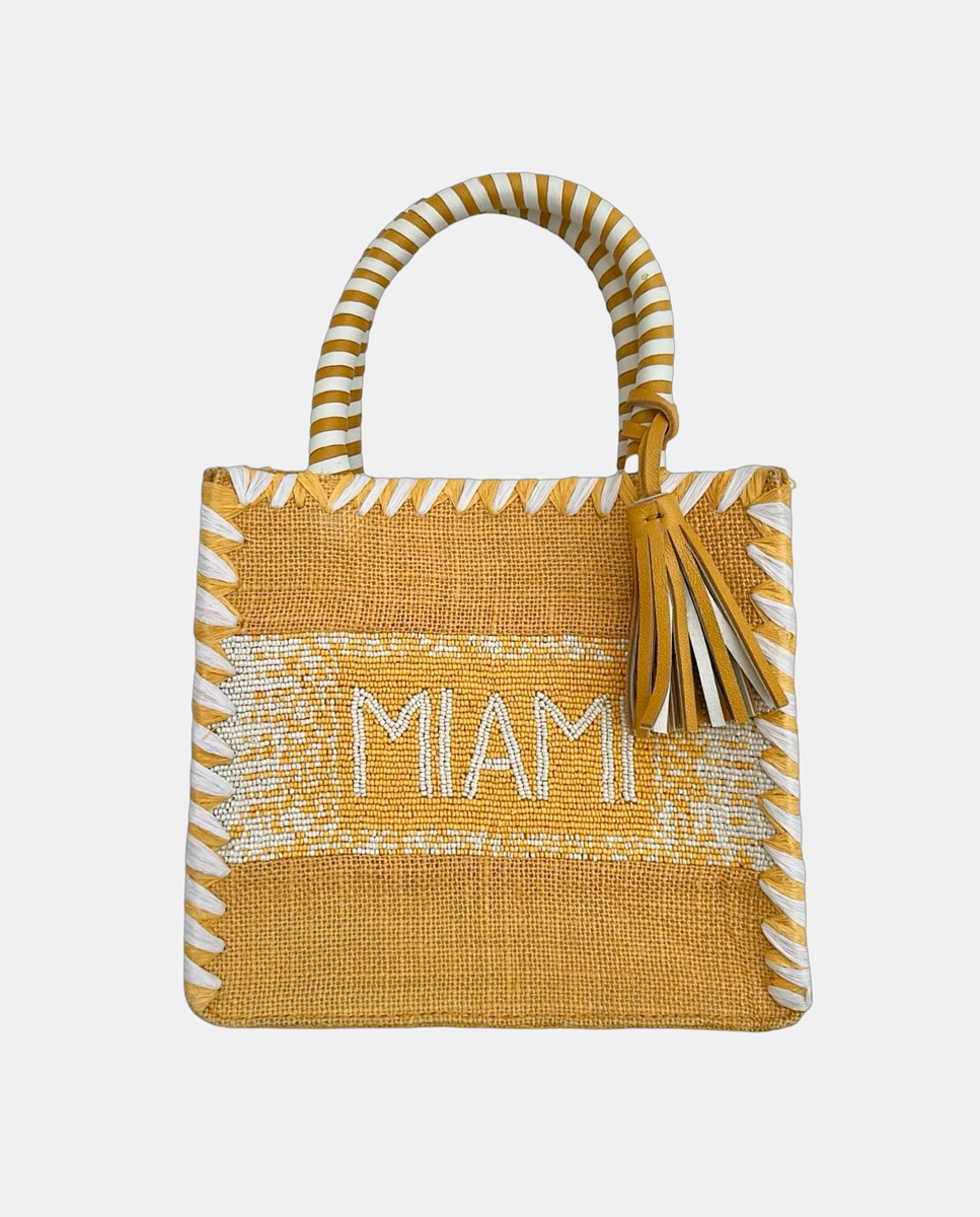 Cesta Pequena de Juta com Alças Rígidas e Detalhe Decorativo "Miami" Amarelo-1