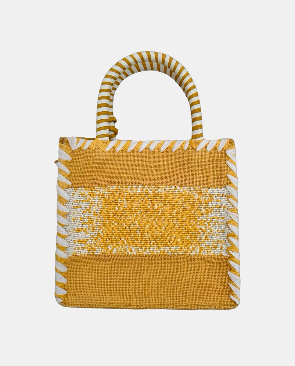 Cesta Pequena de Juta com Alças Rígidas e Detalhe Decorativo "Miami" Amarelo-2