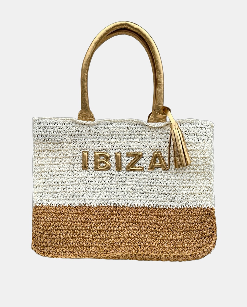 Imagem 0 de Mala de Ráfia Bicolor Entrançada à Mão com Aplique de Letras em Pele e Alças Suaves "Ibiza"