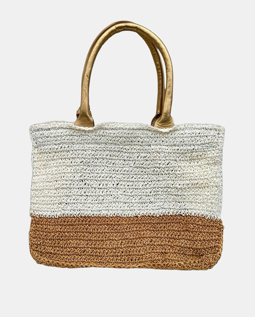 Mala de Ráfia Bicolor Entrançada à Mão com Aplique de Letras em Pele e Alças Suaves "Ibiza" Branco-3