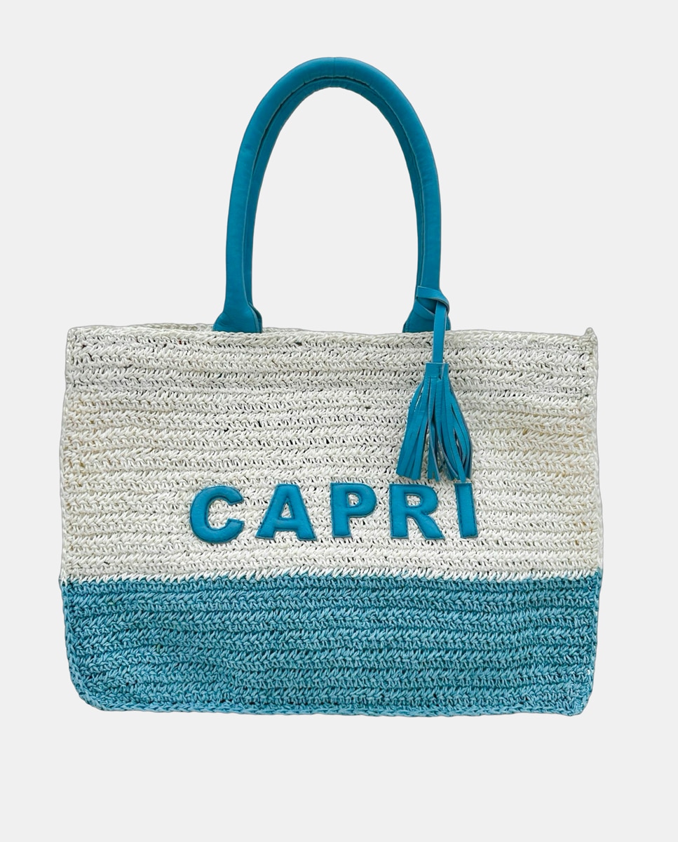 Mala de Ráfia Bicolor Entrançada à Mão com Aplique de Letras em Pele e Alças Suaves "Capri" Turquesa-1