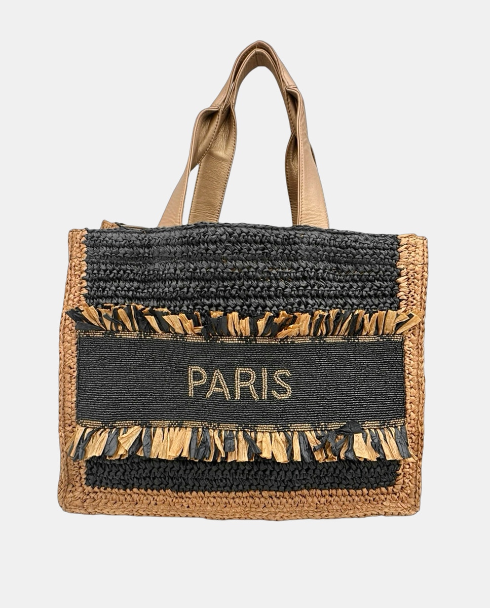 Imagem 0 de Mala de Ráfia Entrançada à Mão com Alças Suaves, Franjas de Ráfia e Decoração "Paris"