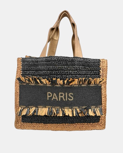 Imagem 0 de Mala de Ráfia Entrançada à Mão com Alças Suaves, Franjas de Ráfia e Decoração "Paris"