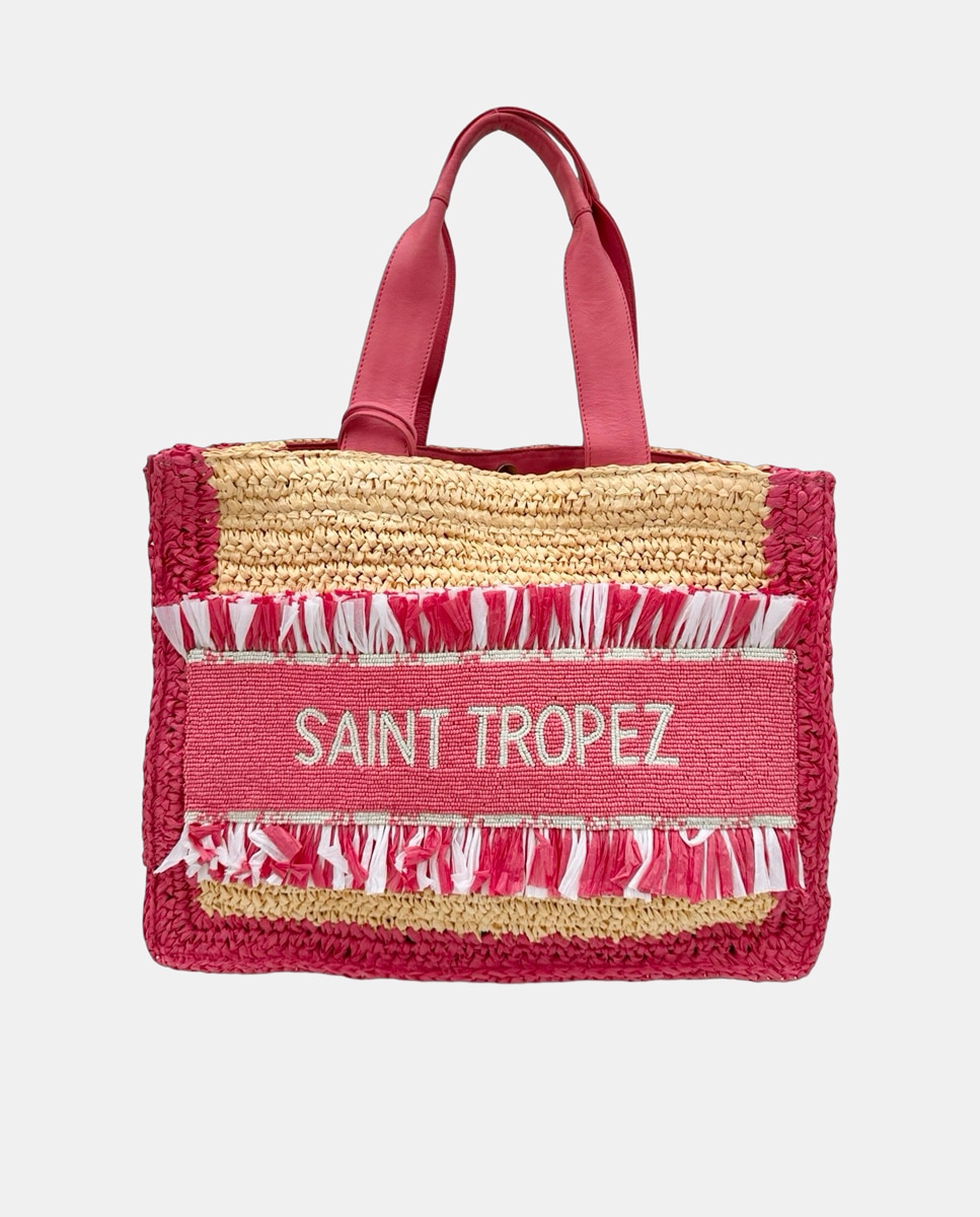 Imagem 0 de Mala de Ráfia Entrançada à Mão com Alças Suaves, Franjas de Ráfia e Decoração "Saint Tropez"