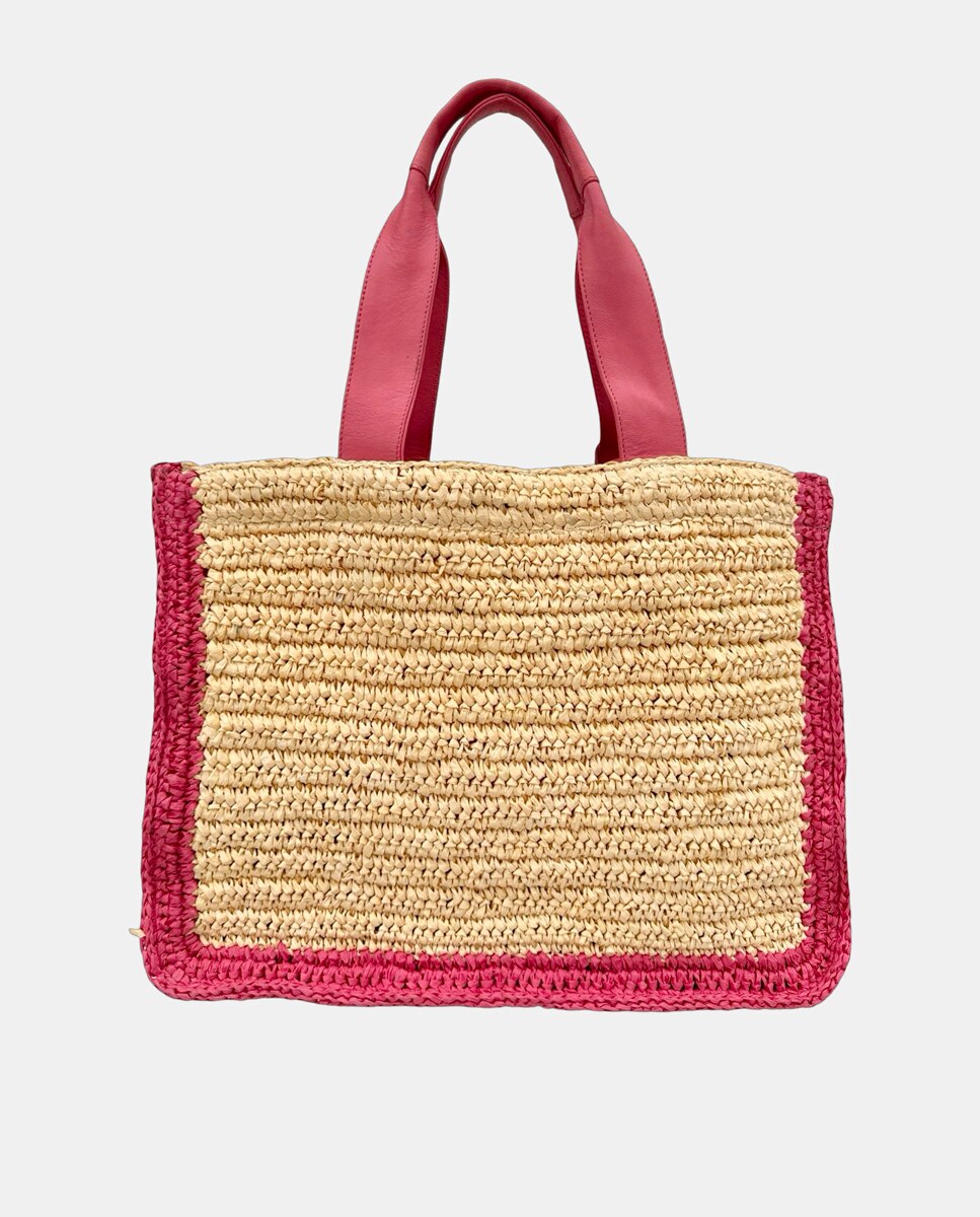 Mala de Ráfia Entrançada à Mão com Alças Suaves, Franjas de Ráfia e Decoração "Saint Tropez" Rosa-2