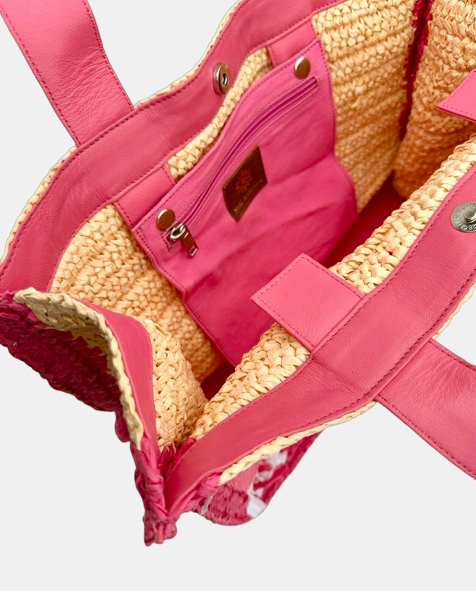 Mala de Ráfia Entrançada à Mão com Alças Suaves, Franjas de Ráfia e Decoração "Saint Tropez" Rosa-3
