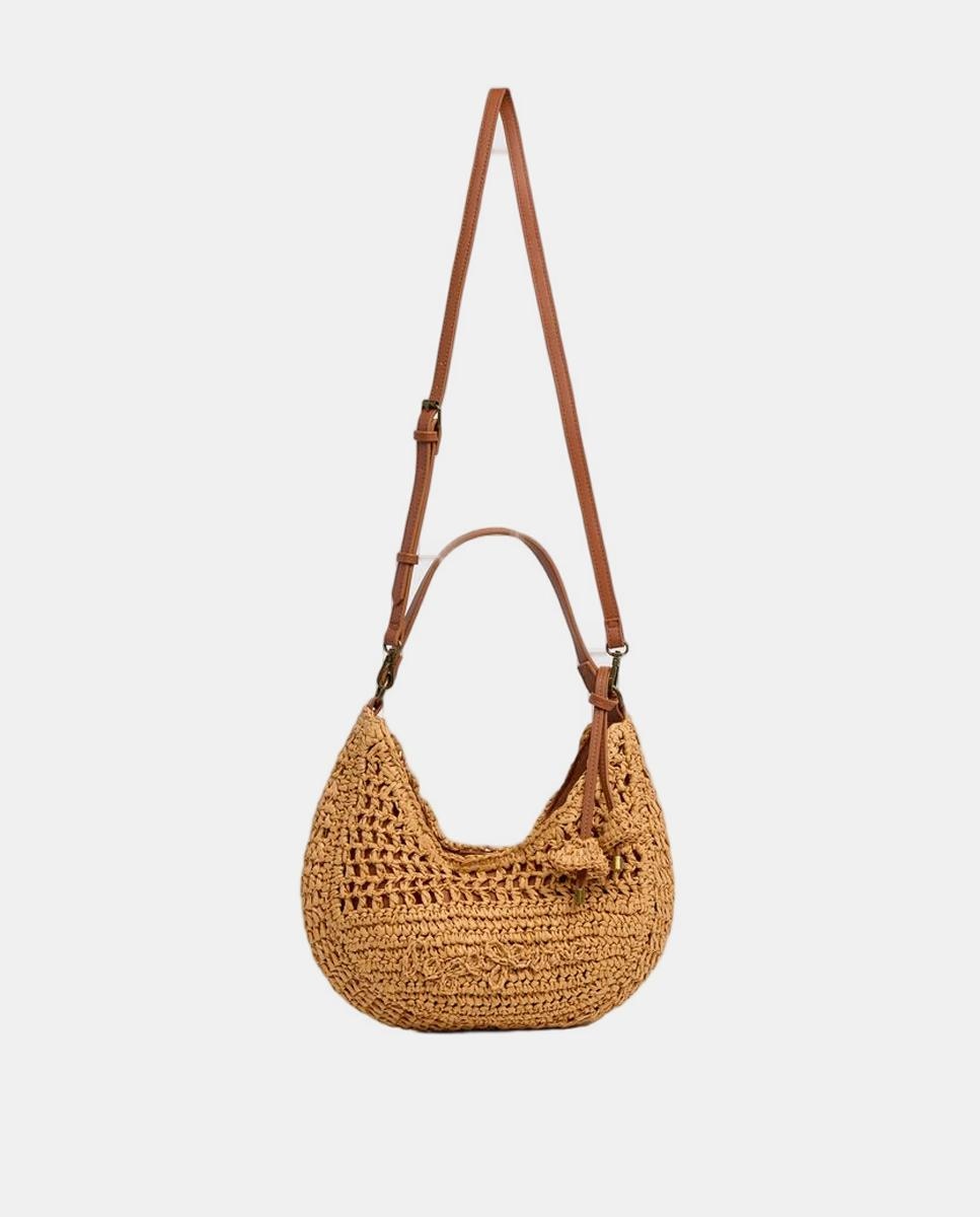 Mala Ziggy Balm de Meia-Lua com Alça Curta, Correia Ajustável e Contas Florais Natural-2