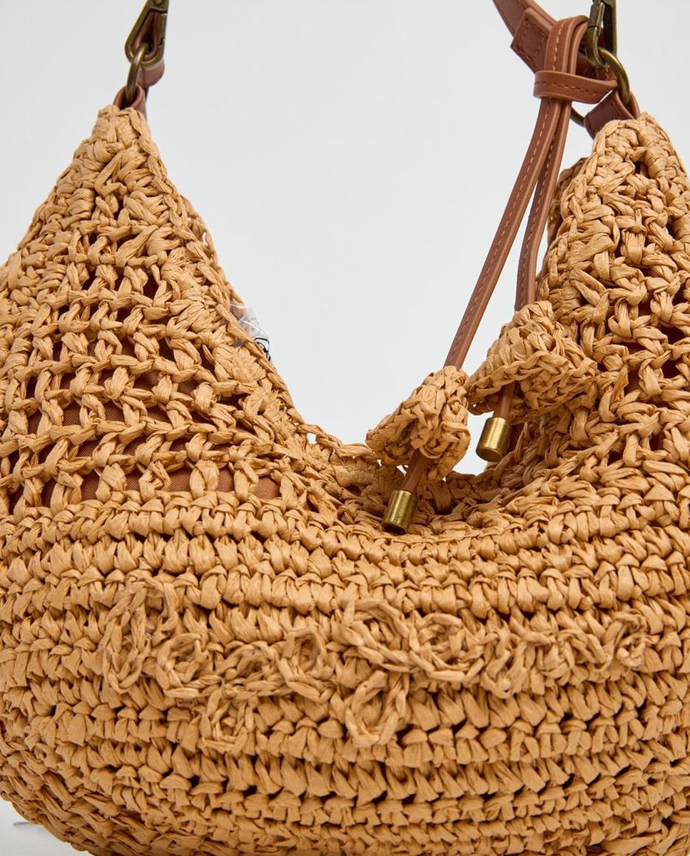 Mala Ziggy Balm de Meia-Lua com Alça Curta, Correia Ajustável e Contas Florais Natural-4