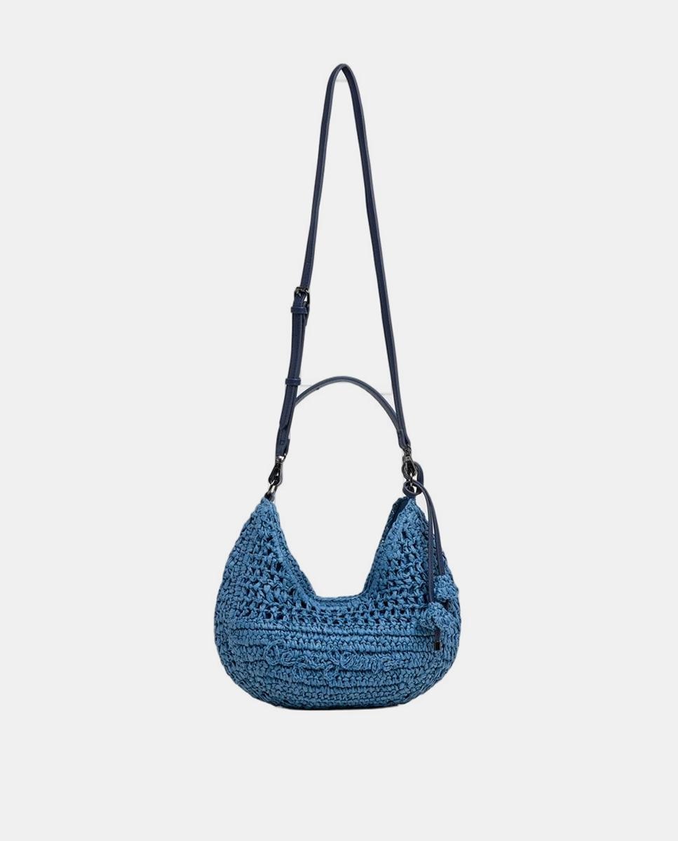 Mala Ziggy Balm de Meia-Lua com Alça Curta, Correia Ajustável e Contas Florais Azul-2