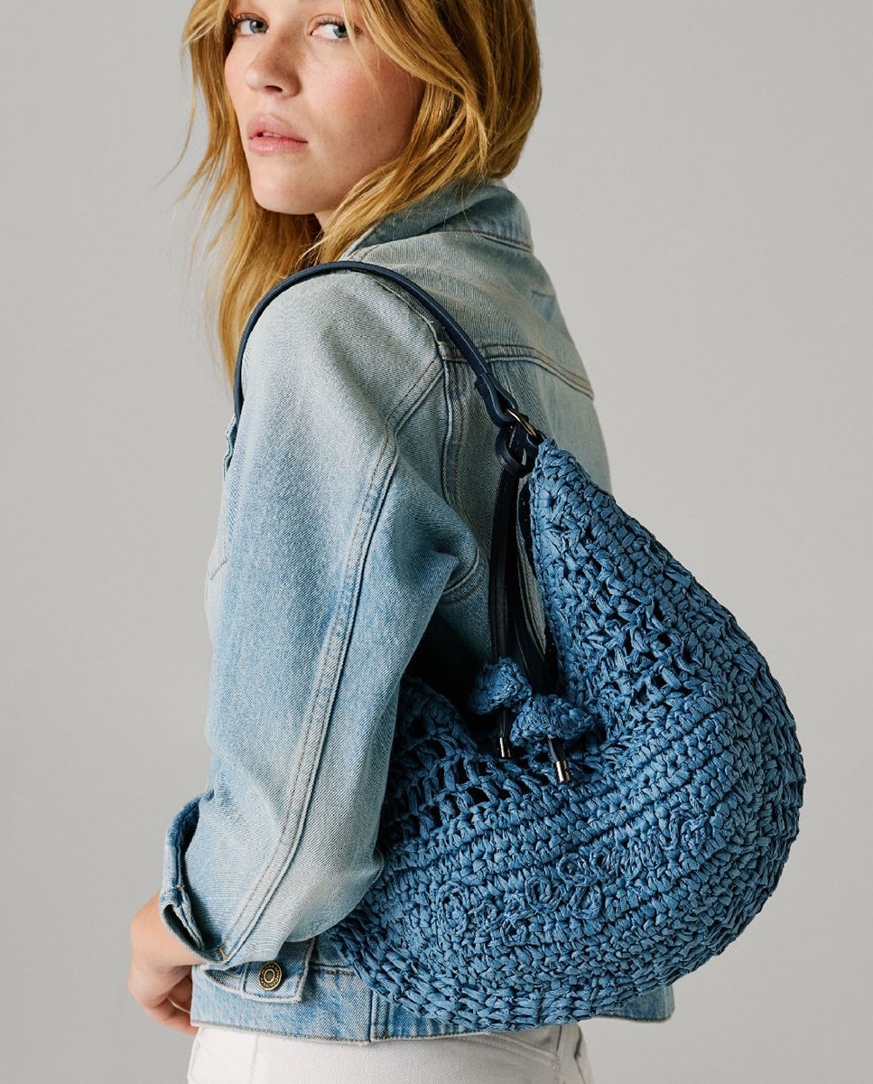 Mala Ziggy Balm de Meia-Lua com Alça Curta, Correia Ajustável e Contas Florais Azul-6