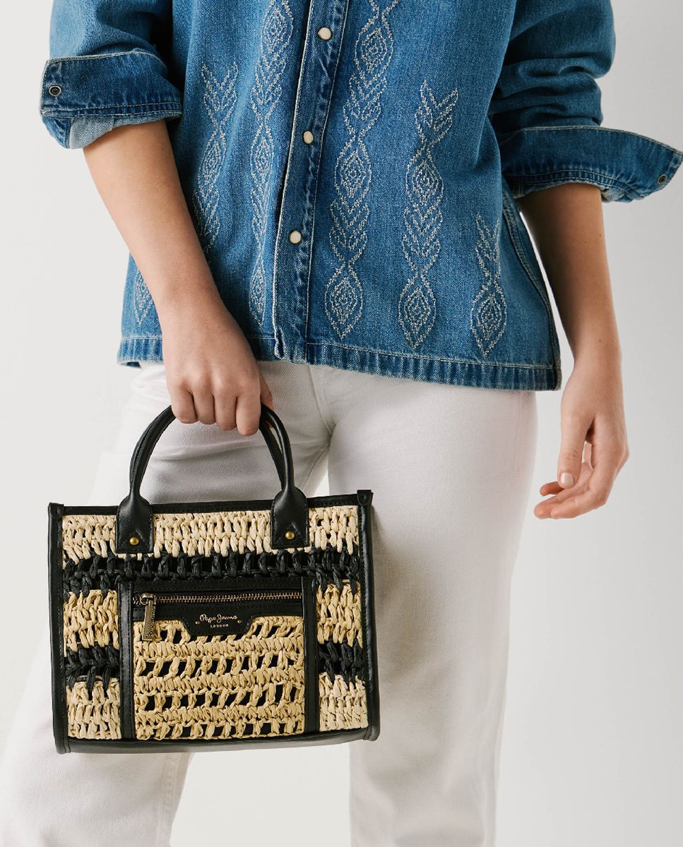 Bolso de mano y bandolera Zadie London, cierre de cremallera, doble asa y logotipo estampado - Pepe Jeans - Negro Negro-6