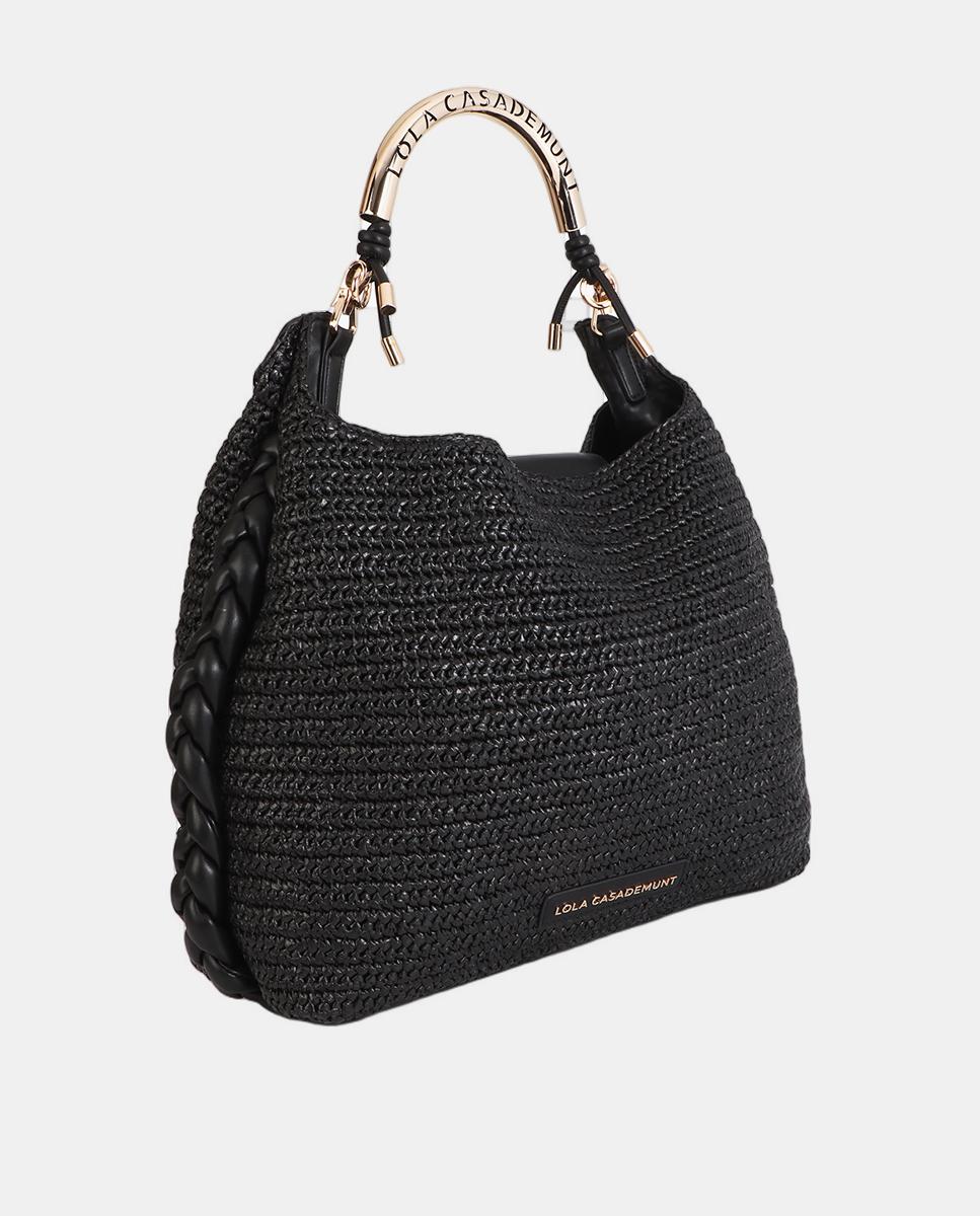 Mala Shopper Combinada com Efeito de Ráfia Preto-2