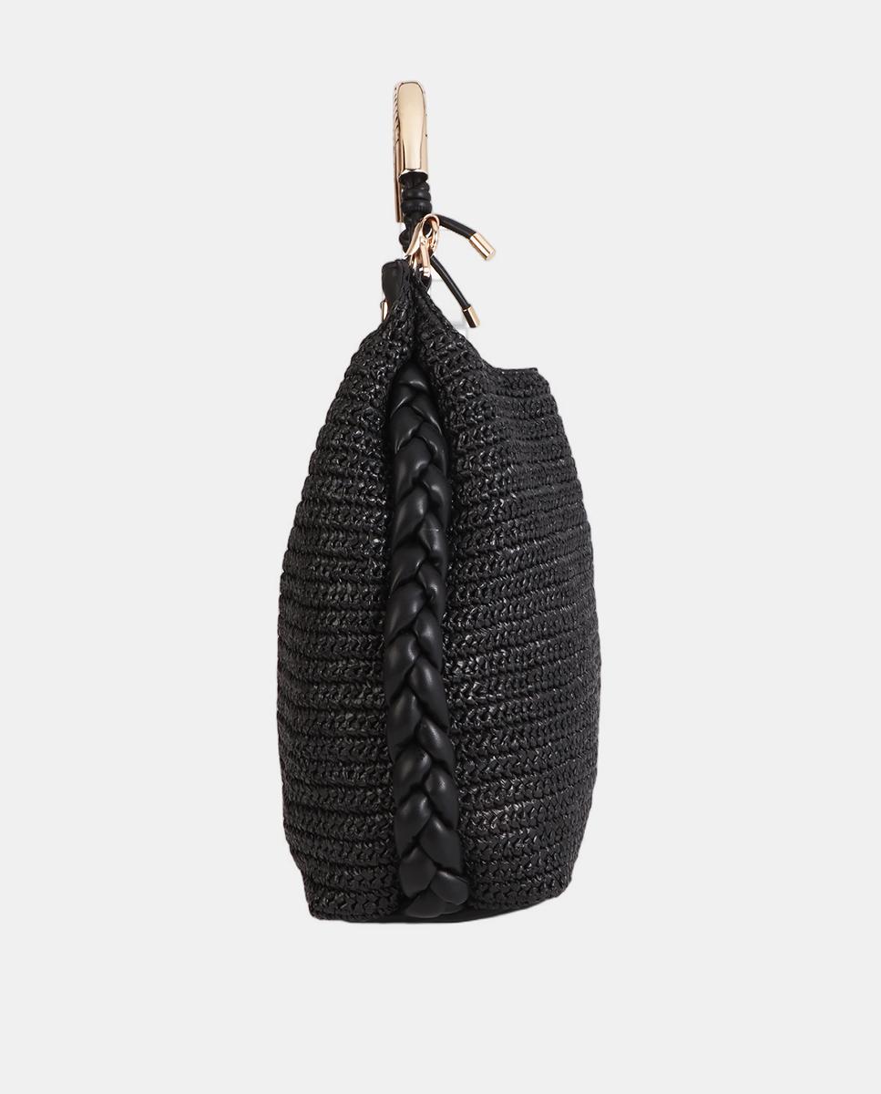 Mala Shopper Combinada com Efeito de Ráfia Preto-3
