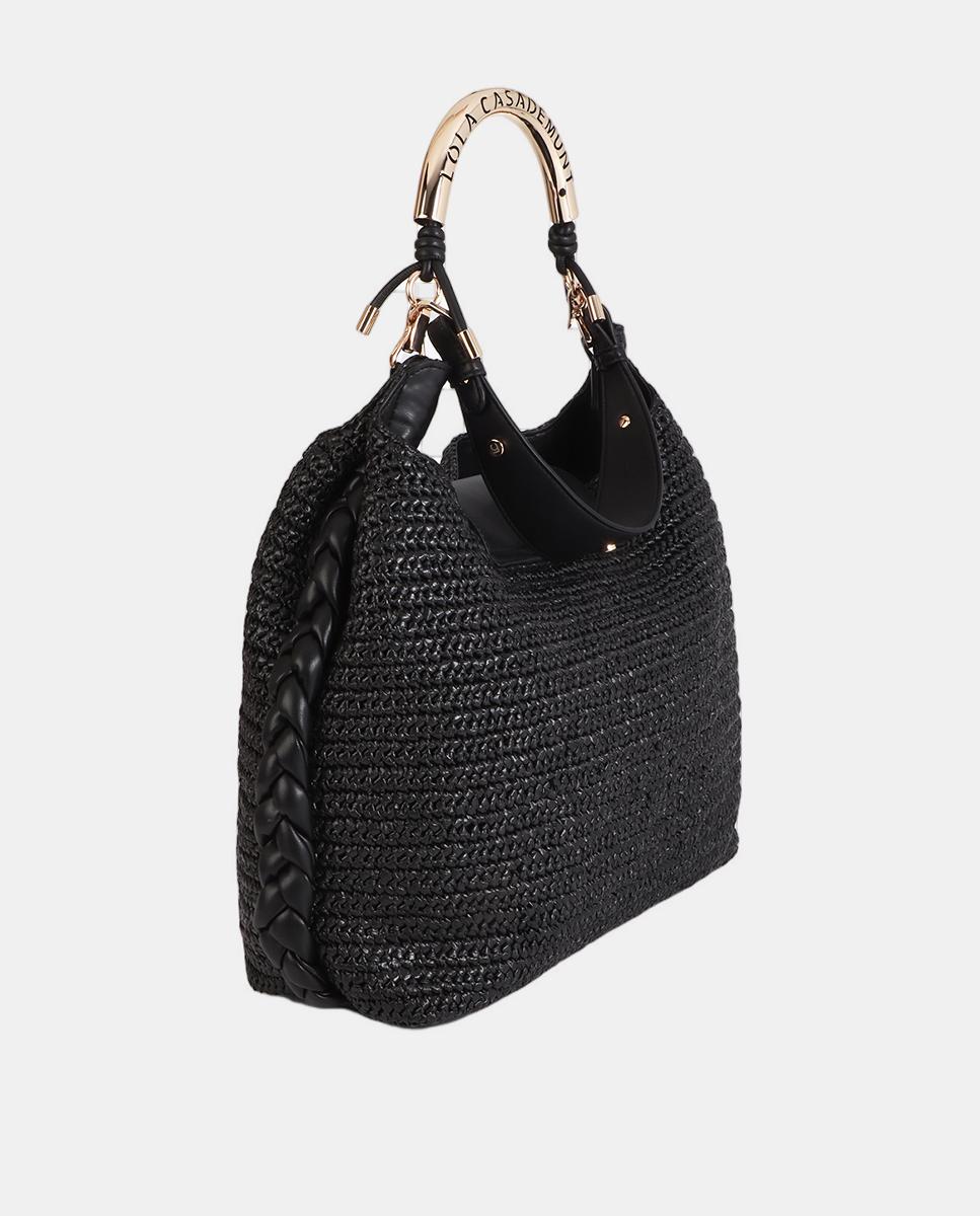 Mala Shopper Combinada com Efeito de Ráfia Preto-4
