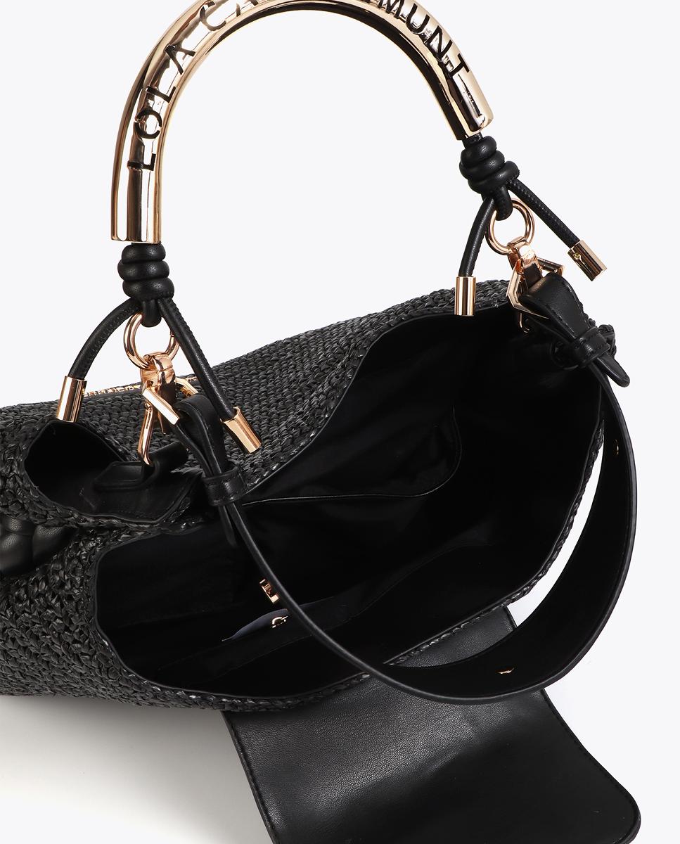 Mala Shopper Combinada com Efeito de Ráfia Preto-5