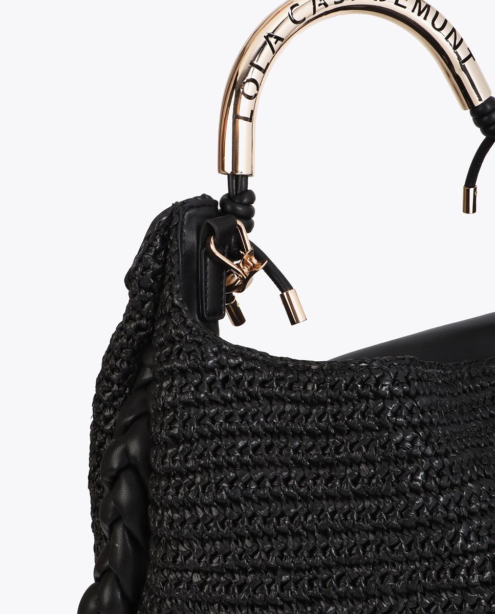 Mala Shopper Combinada com Efeito de Ráfia Preto-6