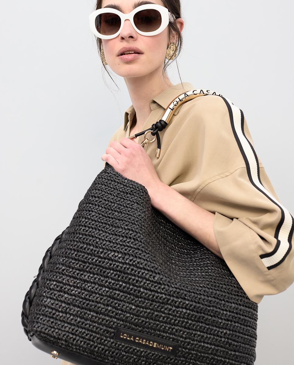 Mala Shopper Combinada com Efeito de Ráfia Preto-8