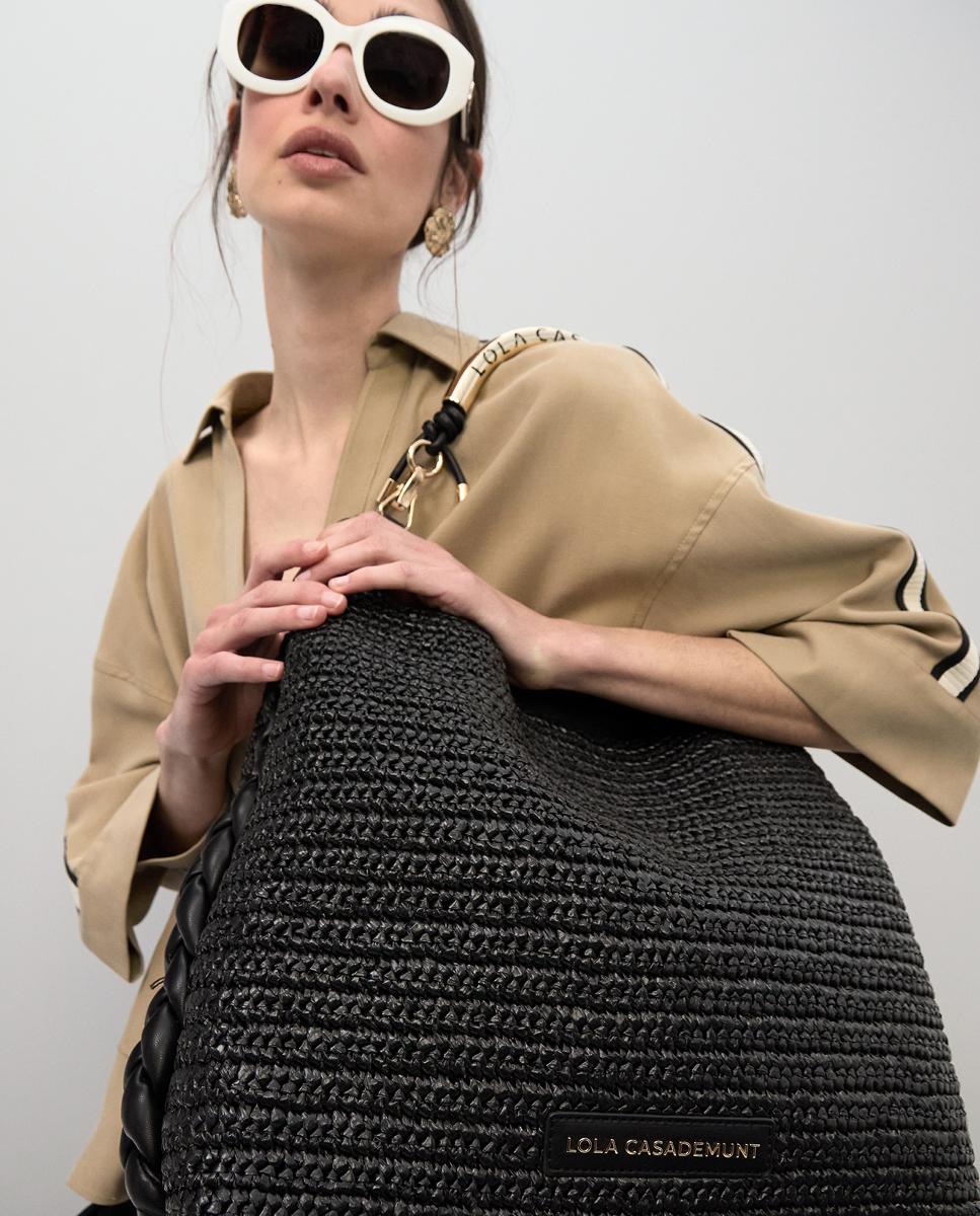Mala Shopper Combinada com Efeito de Ráfia Preto-9