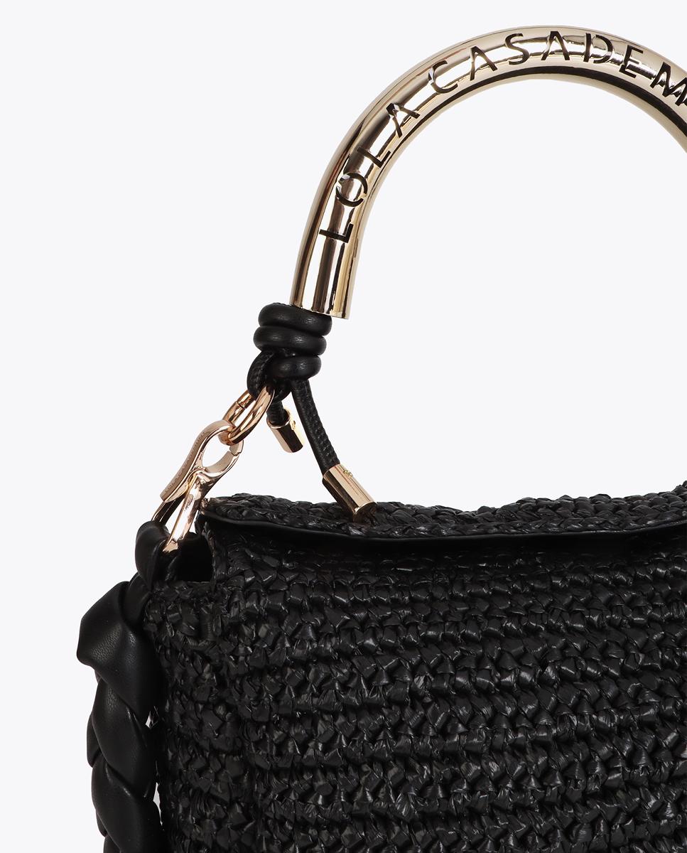 Mala a Tiracolo Combinada com Efeito de Ráfia Preto-4