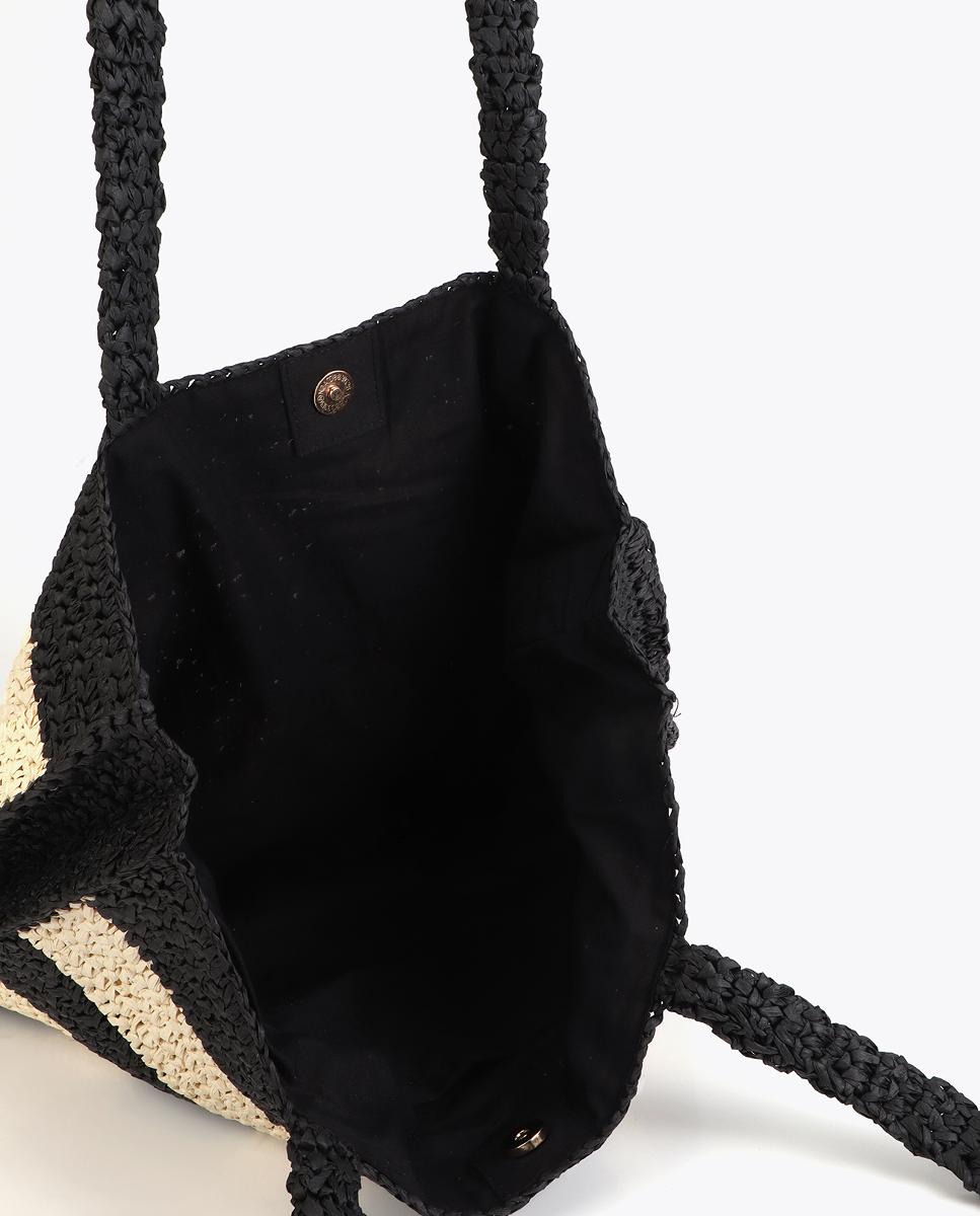 Mala de Efeito de Ráfia às Riscas com Bordado em 3D Preto-4