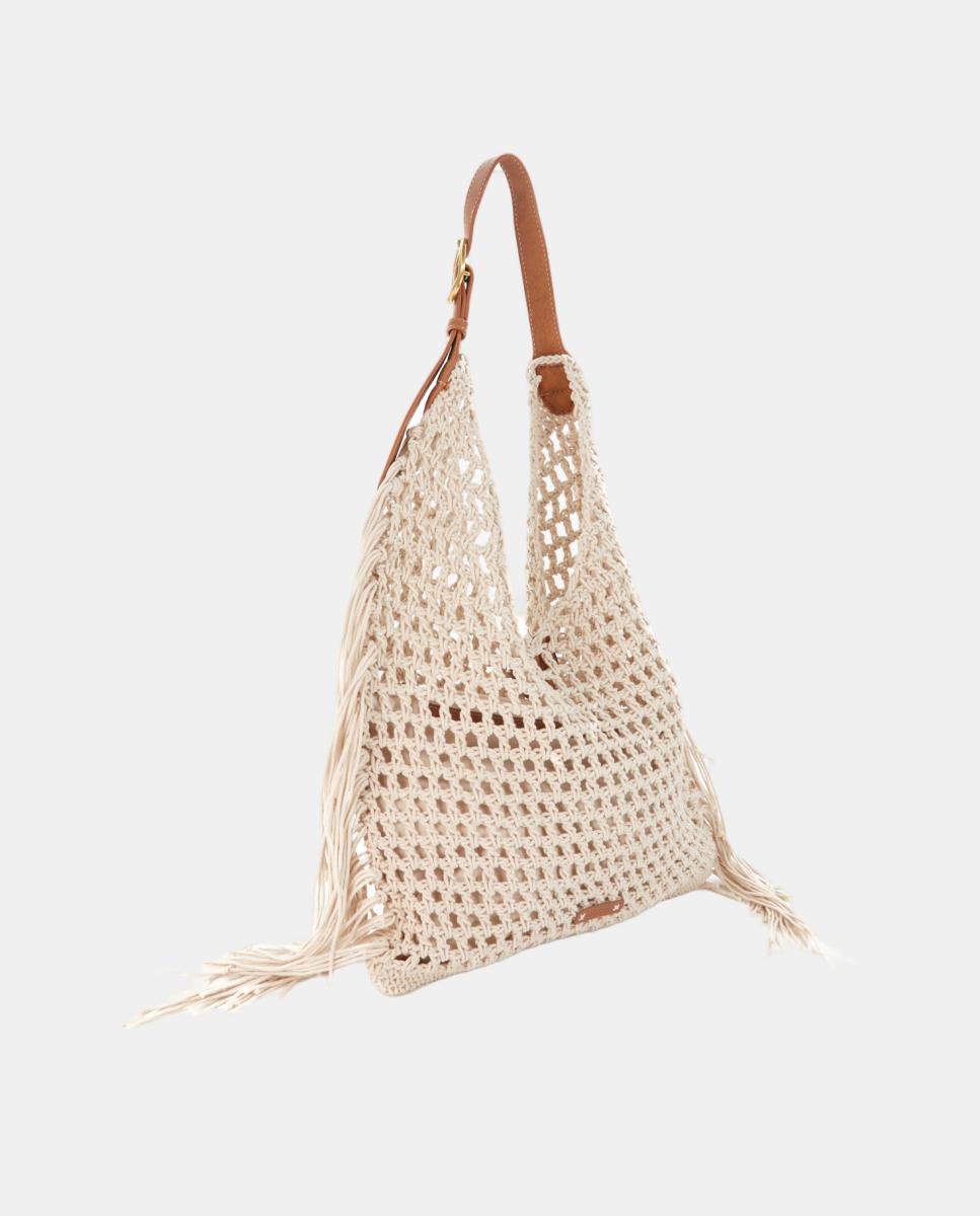 Mala de Ombro de Macramé e Franjas Bege-2