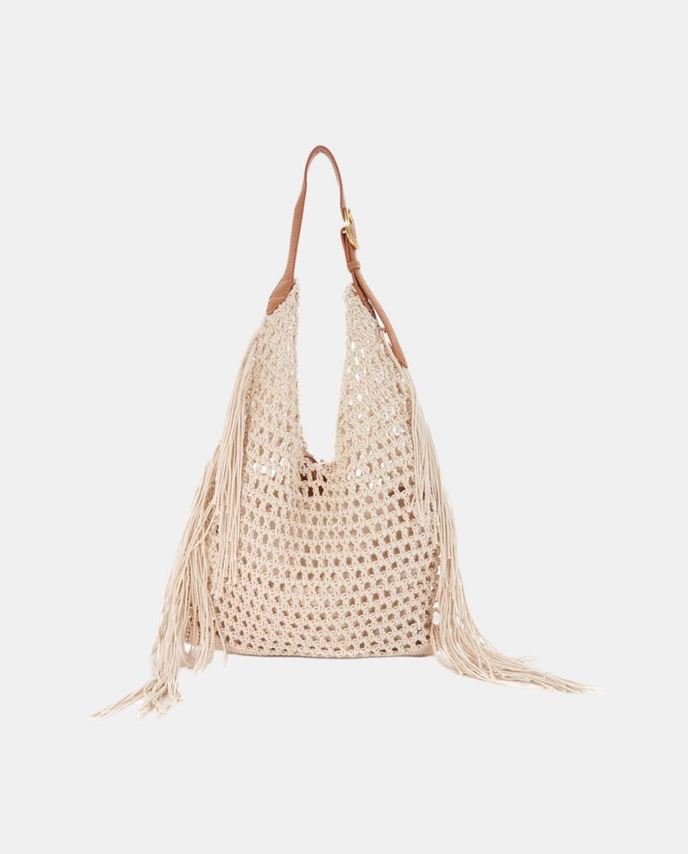 Mala de Ombro de Macramé e Franjas Bege-3