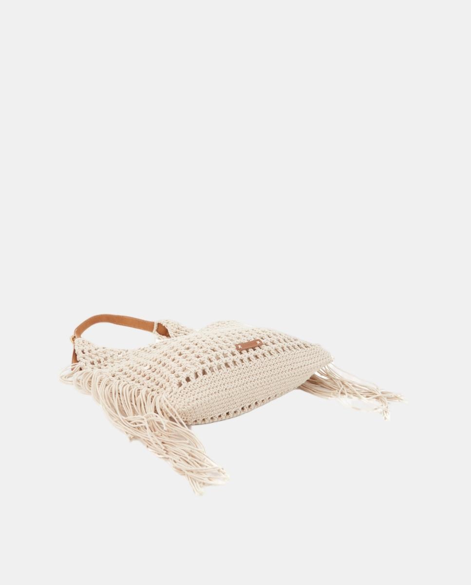 Mala de Ombro de Macramé e Franjas Bege-4
