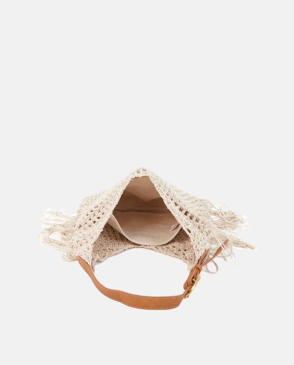 Mala de Ombro de Macramé e Franjas Bege-5