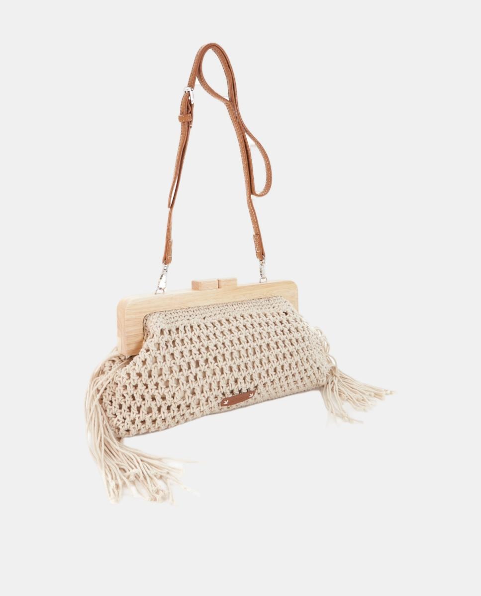 Mala Clutch de Macramé com Franjas Bege-2