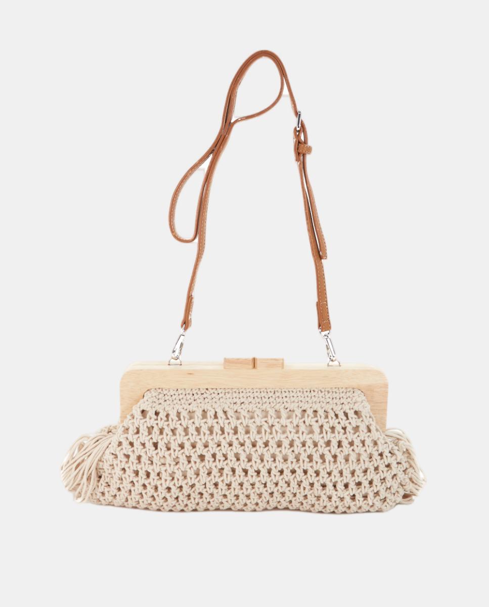 Mala Clutch de Macramé com Franjas Bege-3