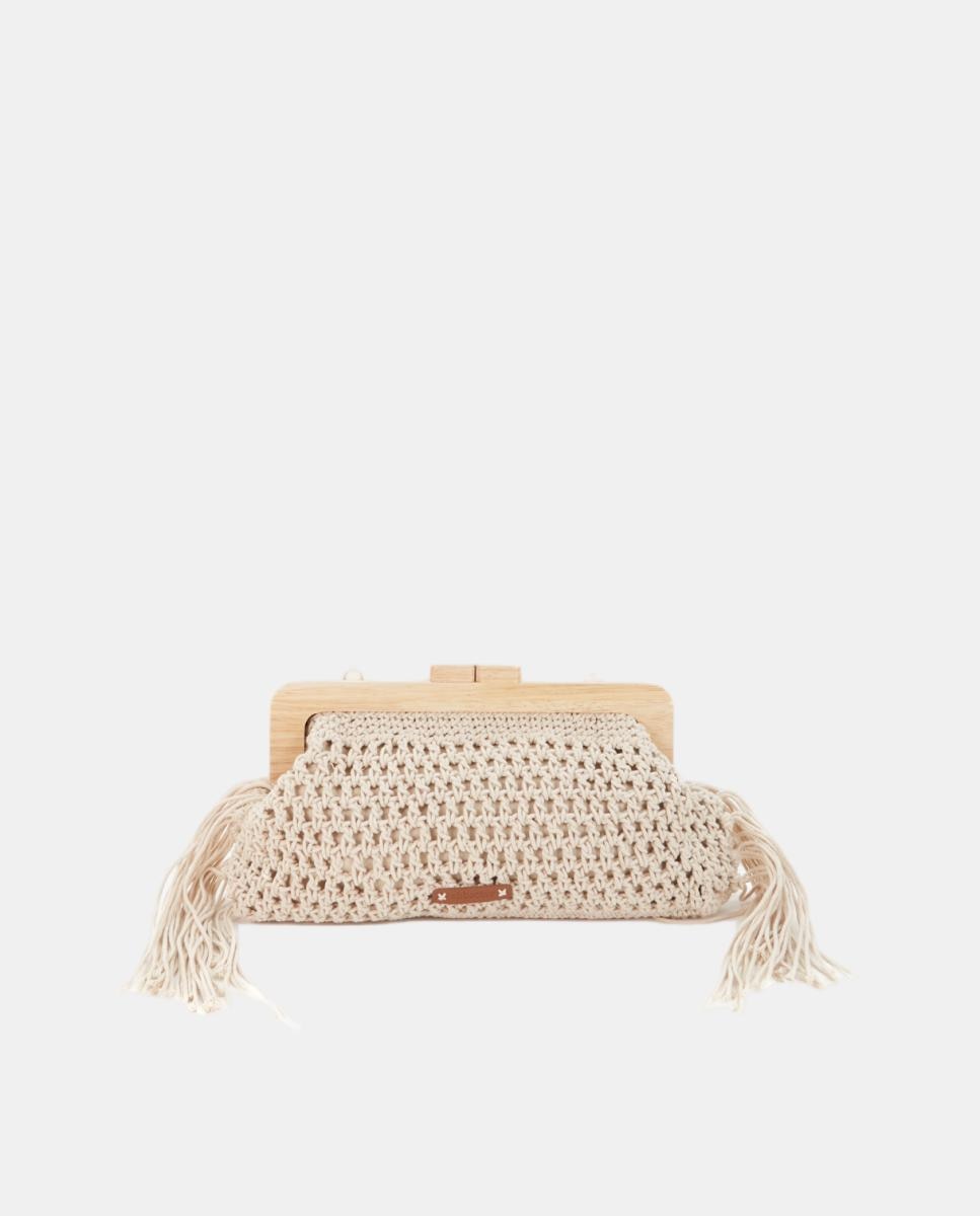 Mala Clutch de Macramé com Franjas Bege-5