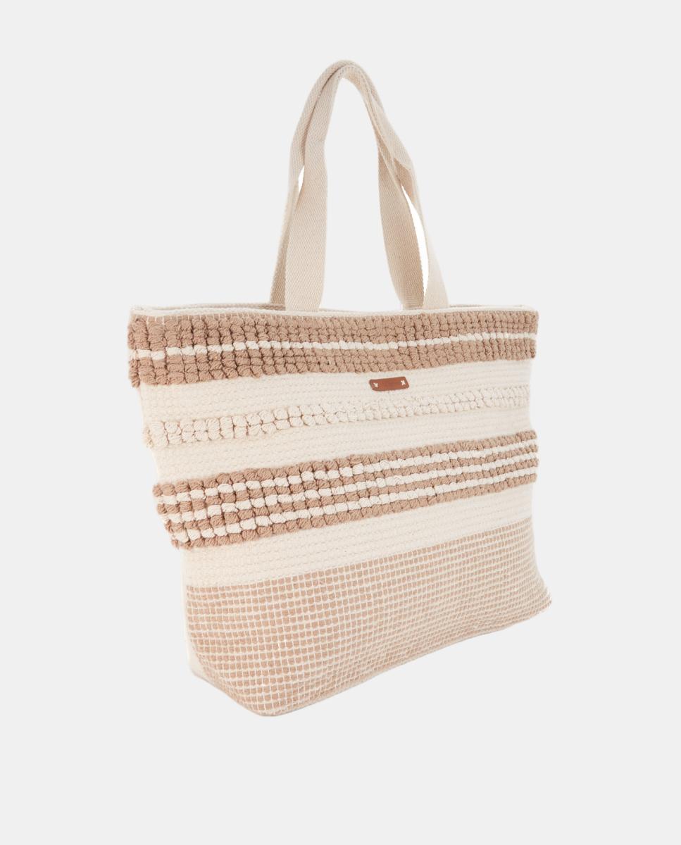 Cesta de Praia com Bordado às Riscas Bege-2