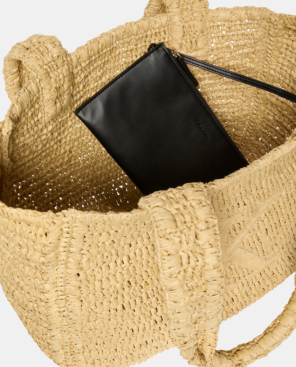 Mala Tipo Tote de Ráfia com Logótipo CK Bege-3
