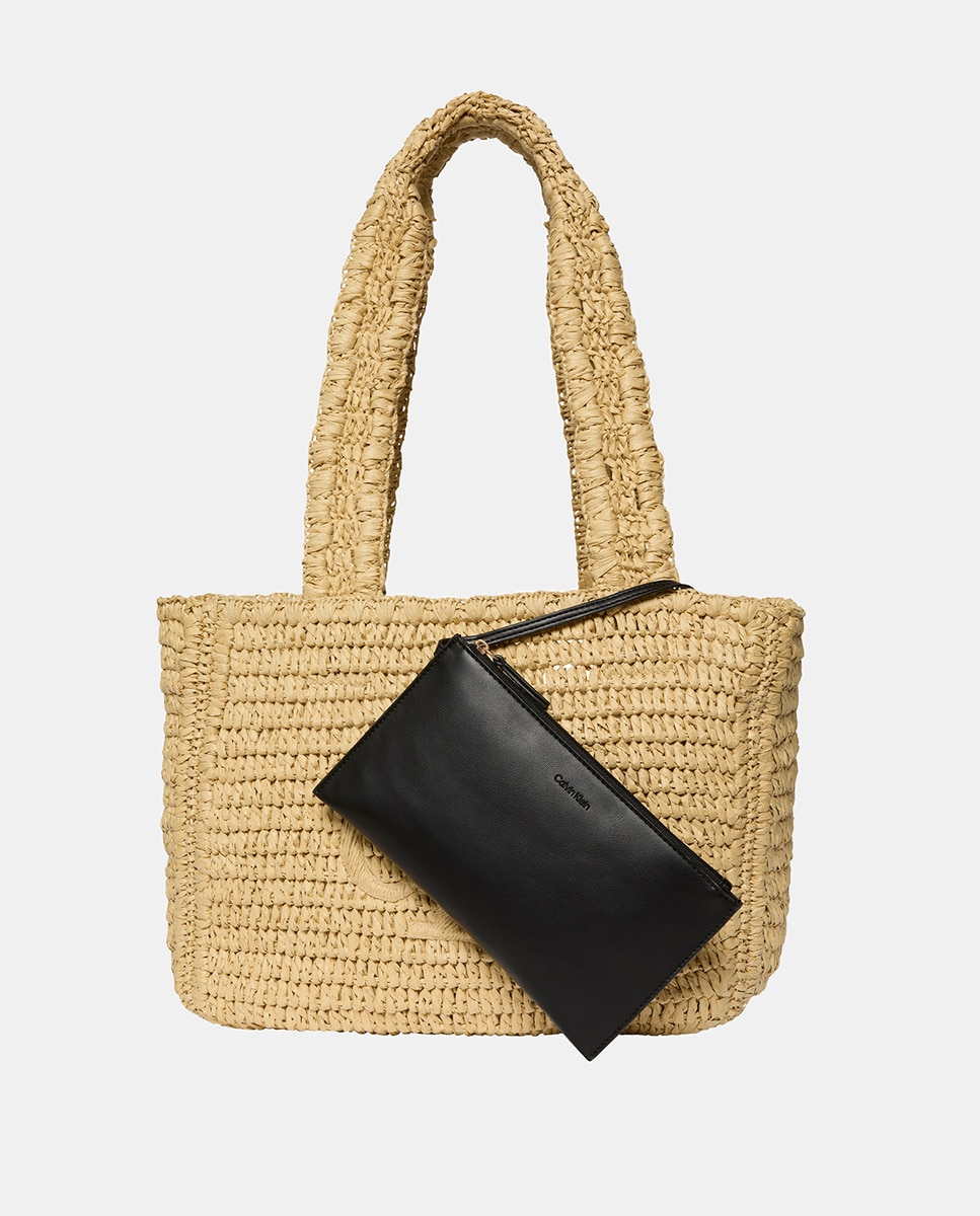 Mala Tipo Tote de Ráfia com Logótipo CK Bege-4