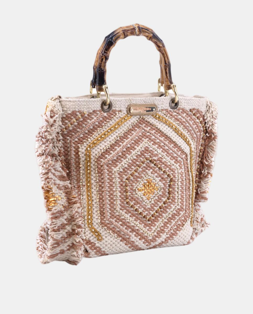 Mala Tipo Tote de Algodão com Bordados Dourados Ouro-2