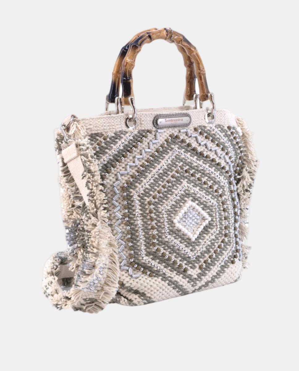 Mala Tipo Tote de Algodão com Bordados Prateados Prata-2