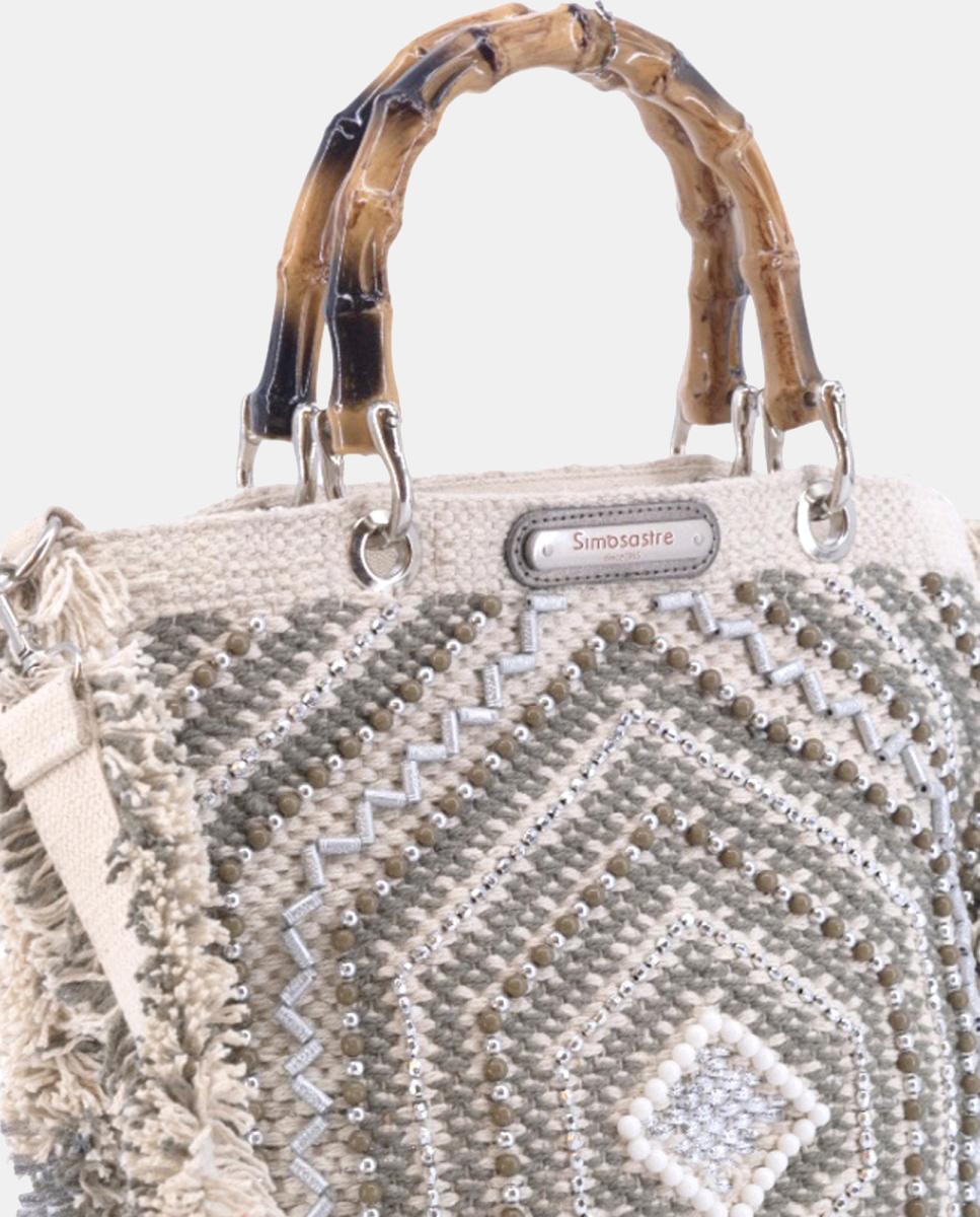 Mala Tipo Tote de Algodão com Bordados Prateados Prata-4