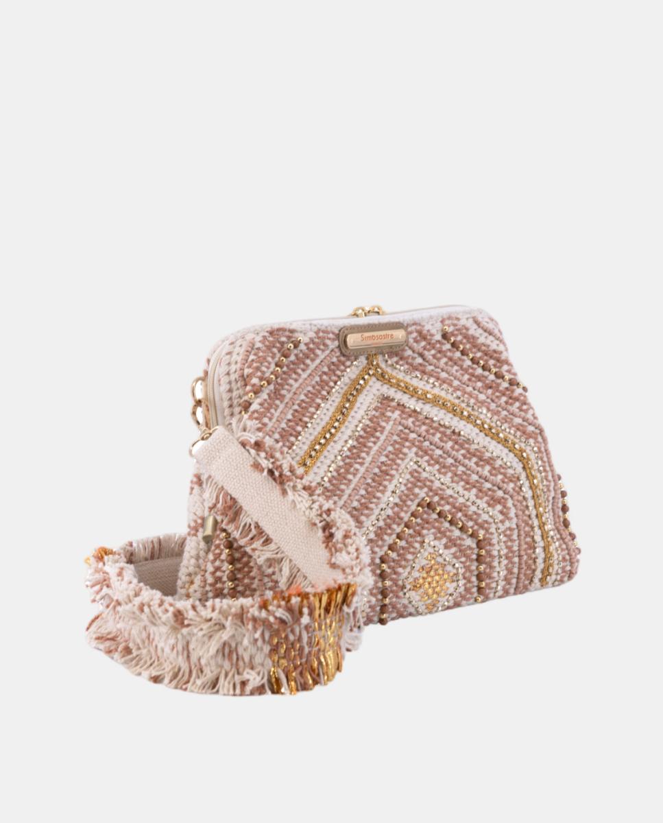 Mala Clutch de Algodão com Fecho Metálico e Bordados Dourados Ouro-2
