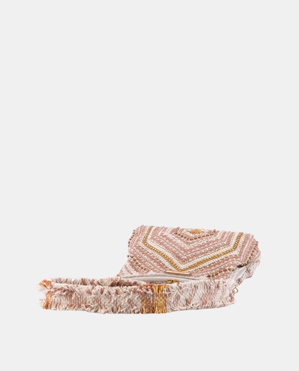 Mala Clutch de Algodão com Fecho Metálico e Bordados Dourados Ouro-3